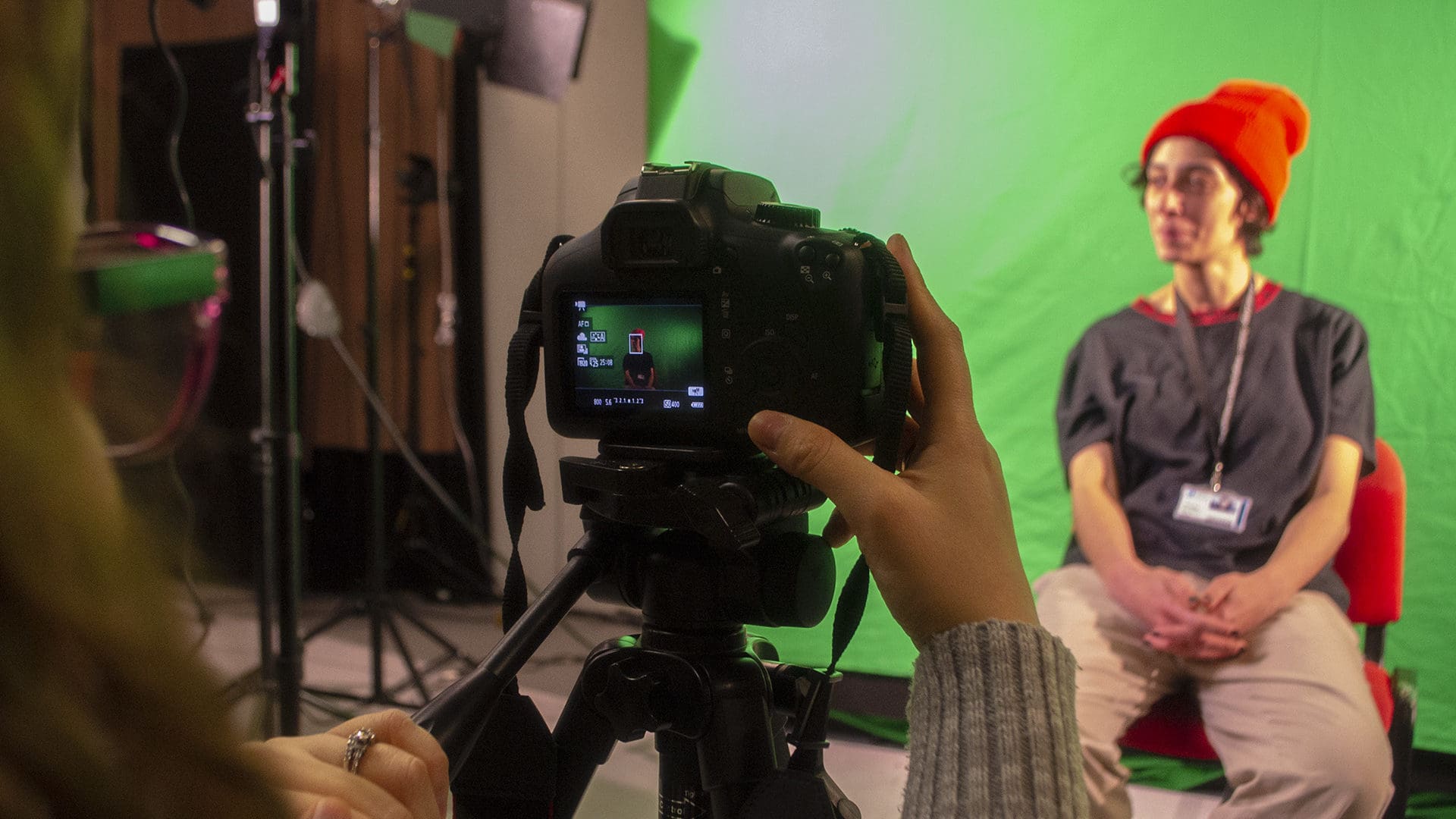 City of Bristol College Creative Media student filming on green screen