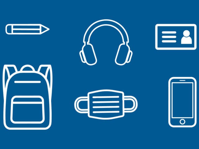 Student graphic with bag contents icons