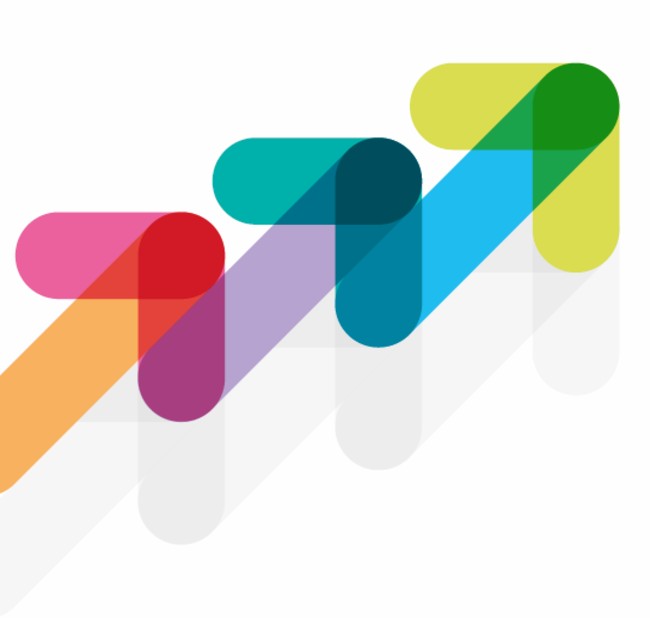Multicoloured graphic of arrows extending upper-right