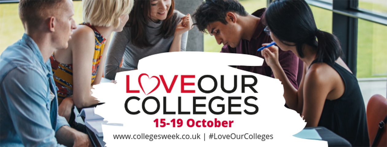 Promotional poster for #LoveOurColleges, displaying 5 working students