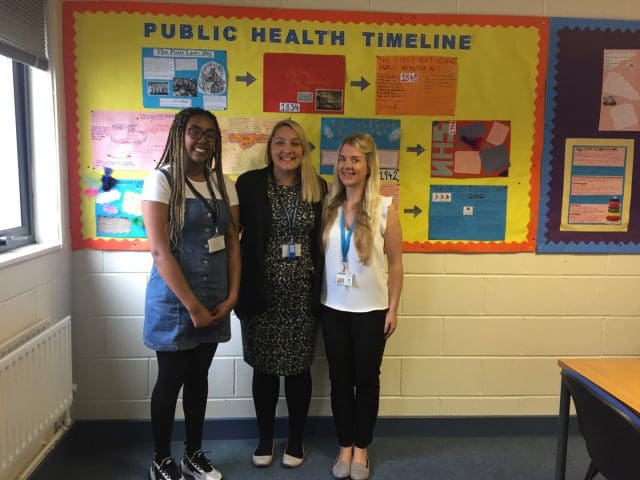City of Bristol College student, Nneka Hitchcock, studying BTEC Health & Social Care and Rachel Bailey, BTEC Childcare Tutor, stand for a photo with Rachel Bailey, teacher at City of Bristol College