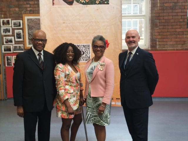 High Commissioner of Jamaica and Lord Lieutenant of Bristol, Peaches Golding OBE, stand with Richard Harris and Michele Curtis for a photo