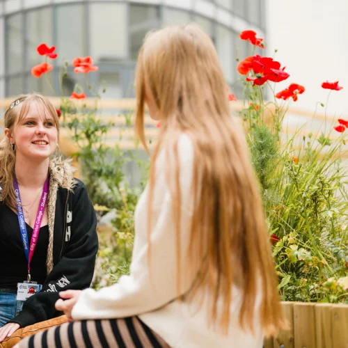 two students sitting outside talking