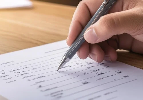 Person filling out a form.