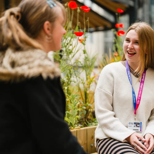 two students chatting in the courtyard