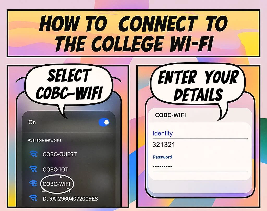 graphic to help student/staff to find and enter details for wifi