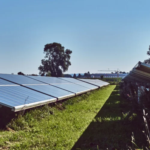 Solar panels at a green field in a sunny day