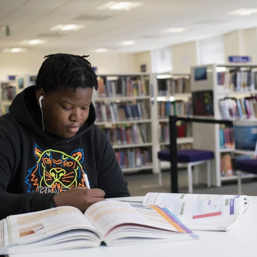 student studying in the library