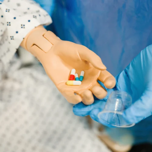Medical-gloved hand supporting a dummy's hand, which is holding an assortment of pills.