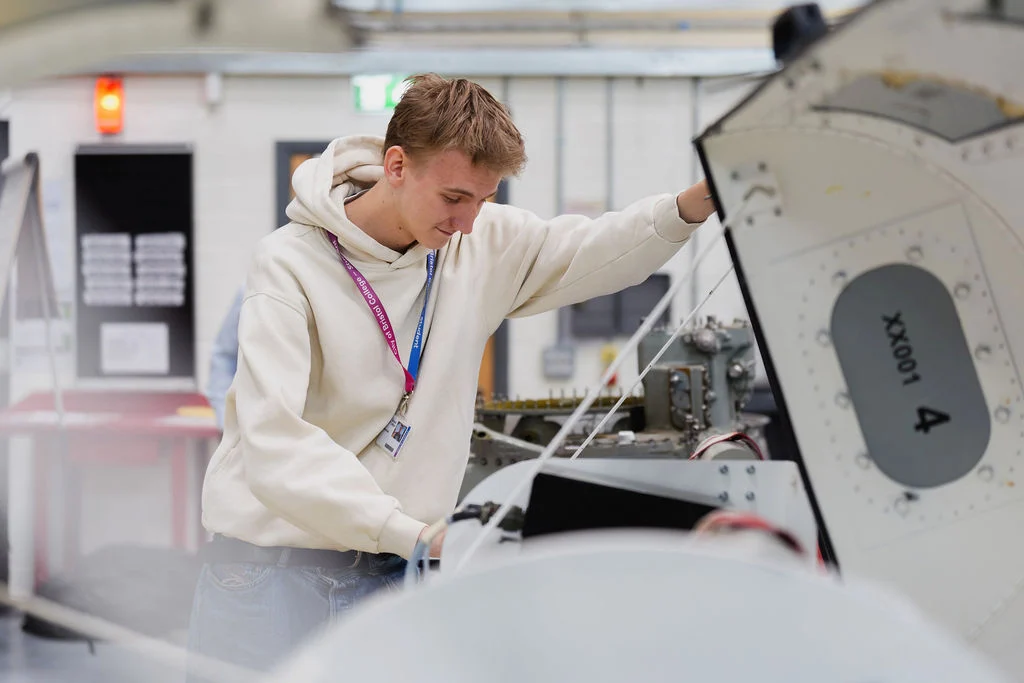 Aeronautical Engineering student pictured in the aeronautical hangar.