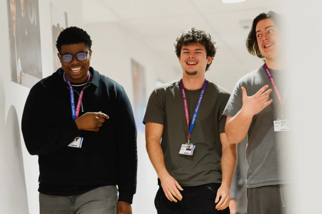 students walking down a corridor