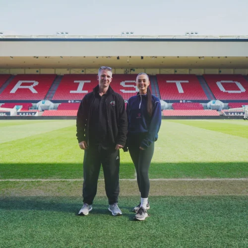 Dan Pollard, Programme Manager at City of Bristol College and Lara Short, Head of People and Culture at Bristol Sport Foundation pictured at Ashton Gate Stadium.