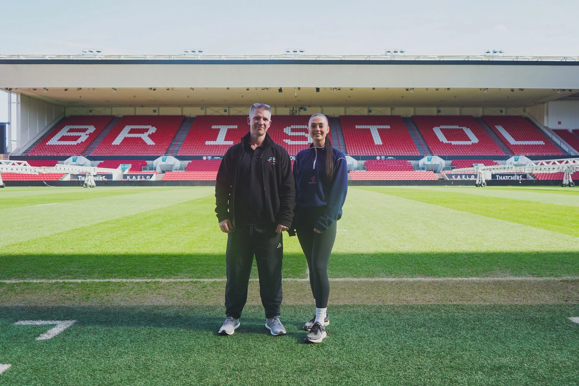 Dan Pollard, Programme Manager at City of Bristol College and Lara Short, Head of People and Culture at Bristol Sport Foundation pictured at Ashton Gate Stadium.