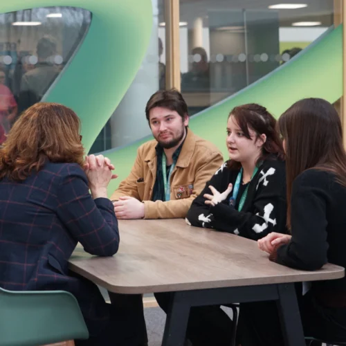 Business Administration apprentice, Charlotte Hennessy, pictured talking.