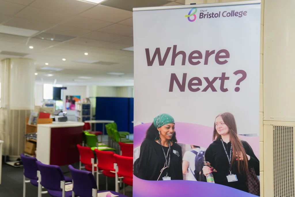 College slogan 'Where Next' pictured on a banner.