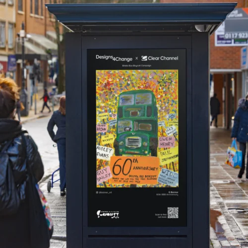 Student, Gwen's winning artwork themed around the Bristol Bus Boycott is displayed on a bus stop in central Bristol