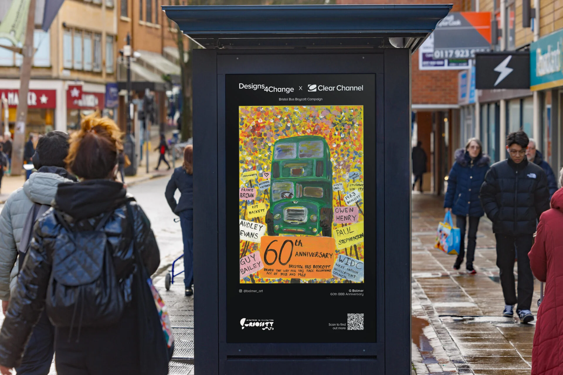 Student, Gwen's winning artwork themed around the Bristol Bus Boycott is displayed on a bus stop in central Bristol