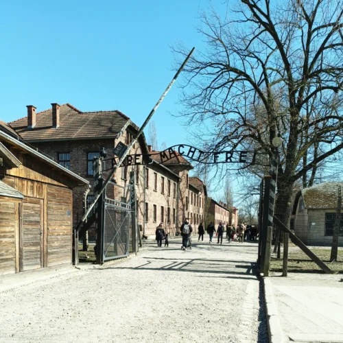 Pictured is the entrance to Auschwitz.