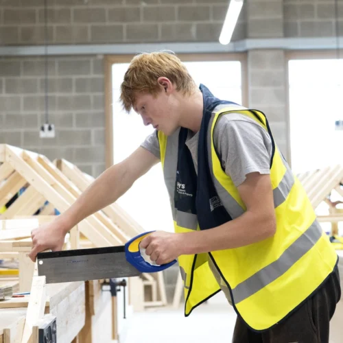 Construction student pictured in the workshop.