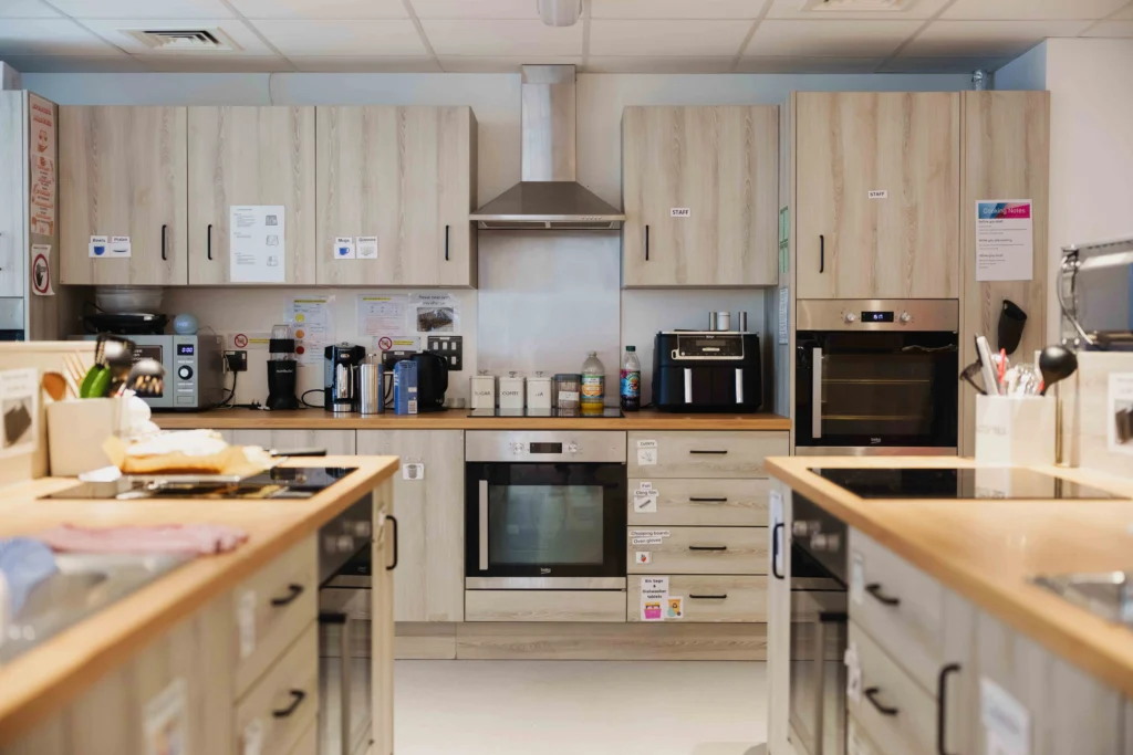 Scene is of an empty kitchen