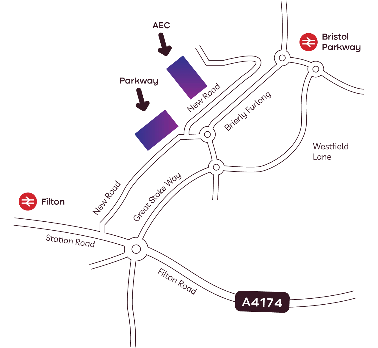 A map that shows how to navigate between the Parkway and Advanced Engineering Centre of City of Bristol College.